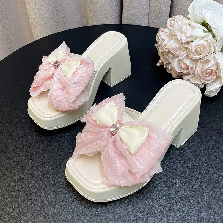 

2026Bowknot High-heeled Sandal Slipper Summer Shoes for Women Fashion 8.5cm Chunky Heel Lace Thick Bottom Slides Female Shoes