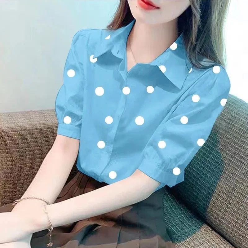 

Fashionable Polka Dot Print Bubble Shirt Summer New Loose Top Elegant Shirt Women's Casual Collar Short Sleeve Blouse