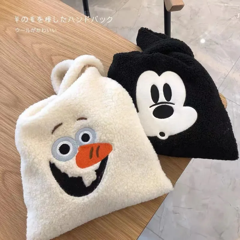 Disney Mickey Mouse Olaf Plush Handbag for Women Cute Leisure Cartoon Embroidery Tote Large Capacity Storage Shopping Bag Gifts