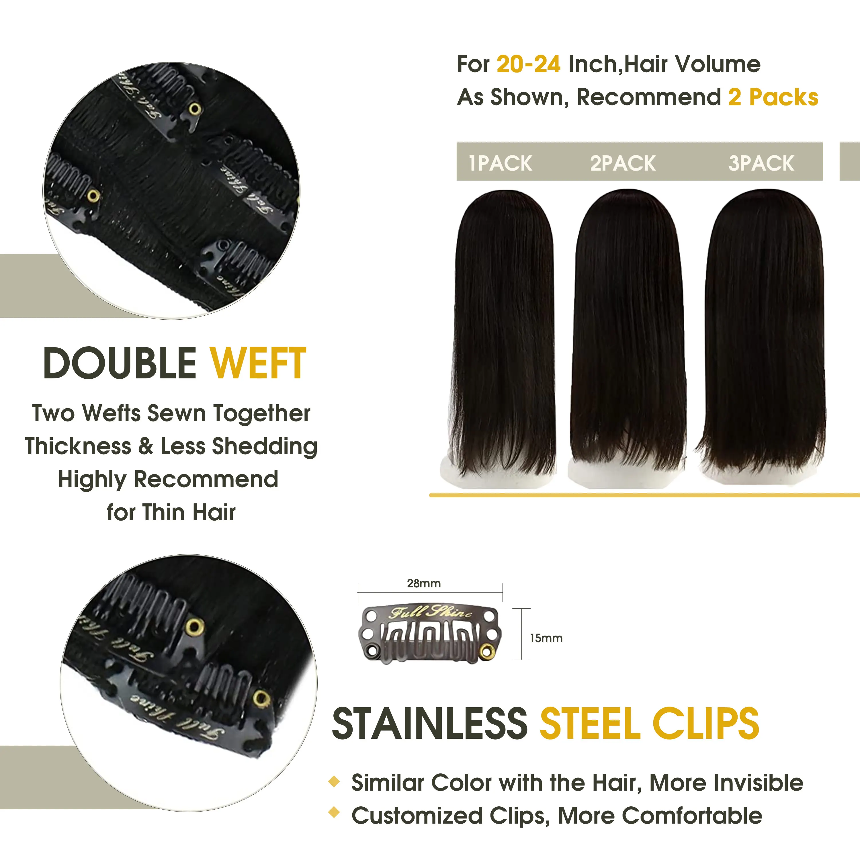 Full Shine Clip in Hair Extensions Human Hair Black Color 7Pcs 80-105g Human Hair Clip in Extentions Remy Hair 10-24inch