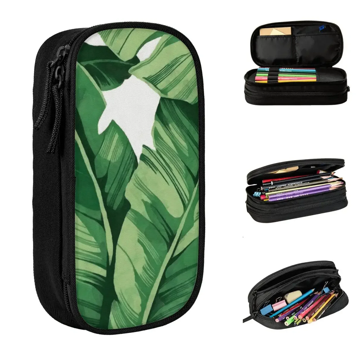 

Tropical Banana Leaves Pencil Cases Rainforest Palm Monstera Botanica Jungle Hawaii Green Pen Bag Big Capacity Pencil Pouch