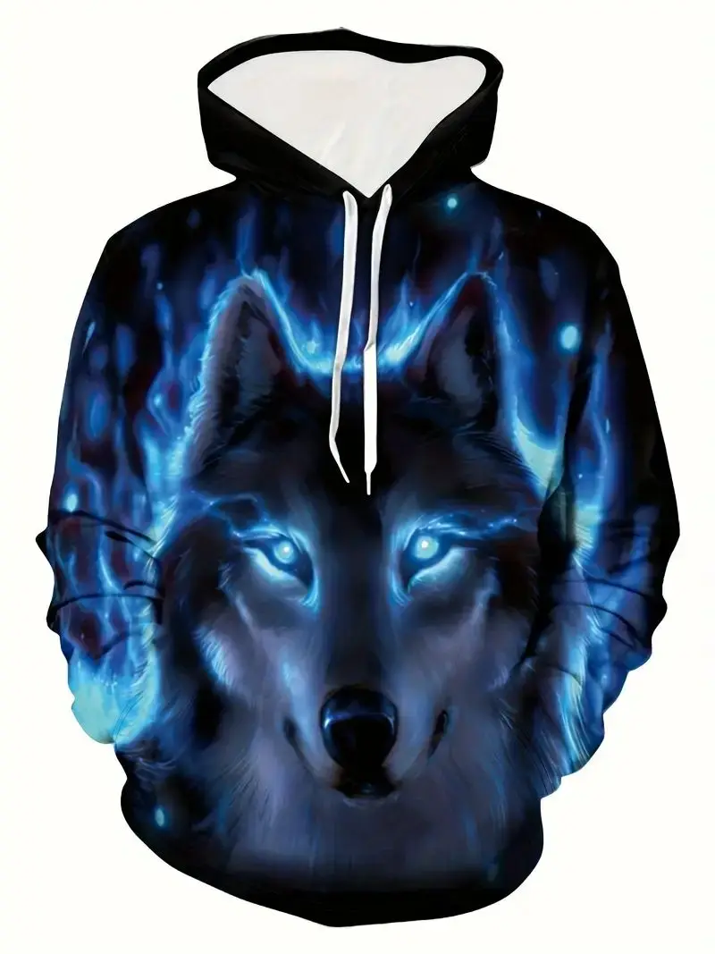 Beast Series Lion / Wolf Print Hoodie,  Men\'s Casual Pullover Hooded Sweatshirt With Kangaroo Pocket Streetwear For Winter Fall,