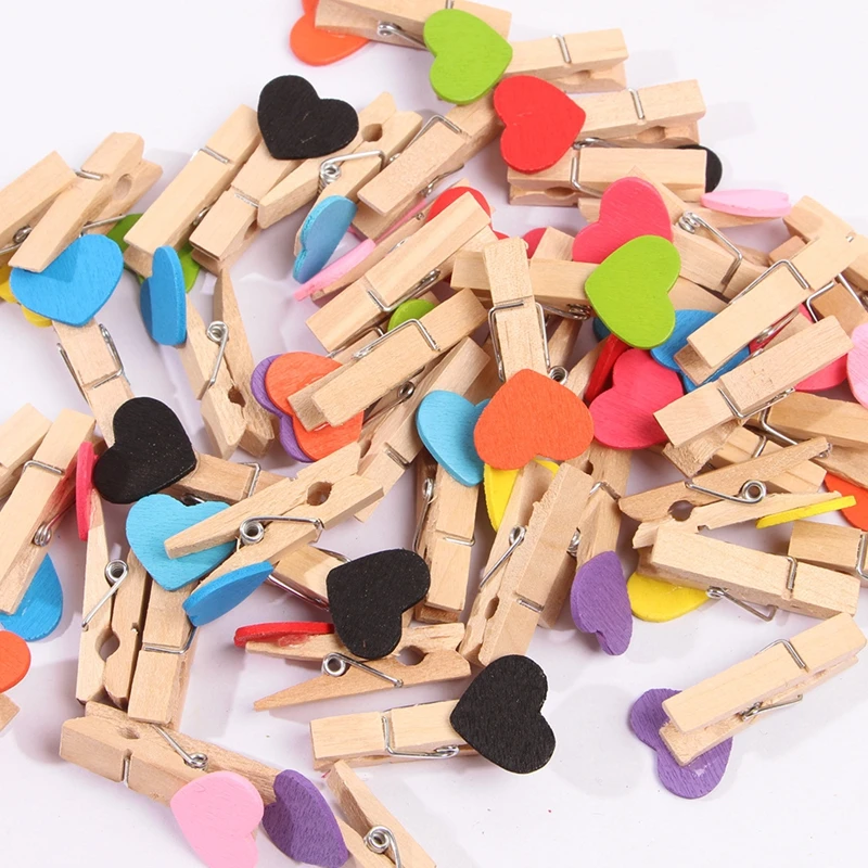 100Pcs/Pack Mini Heart Wooden Clothespin Photo Paper Clips Peg Pin Craft Postcard Clips Home Wedding Decoration