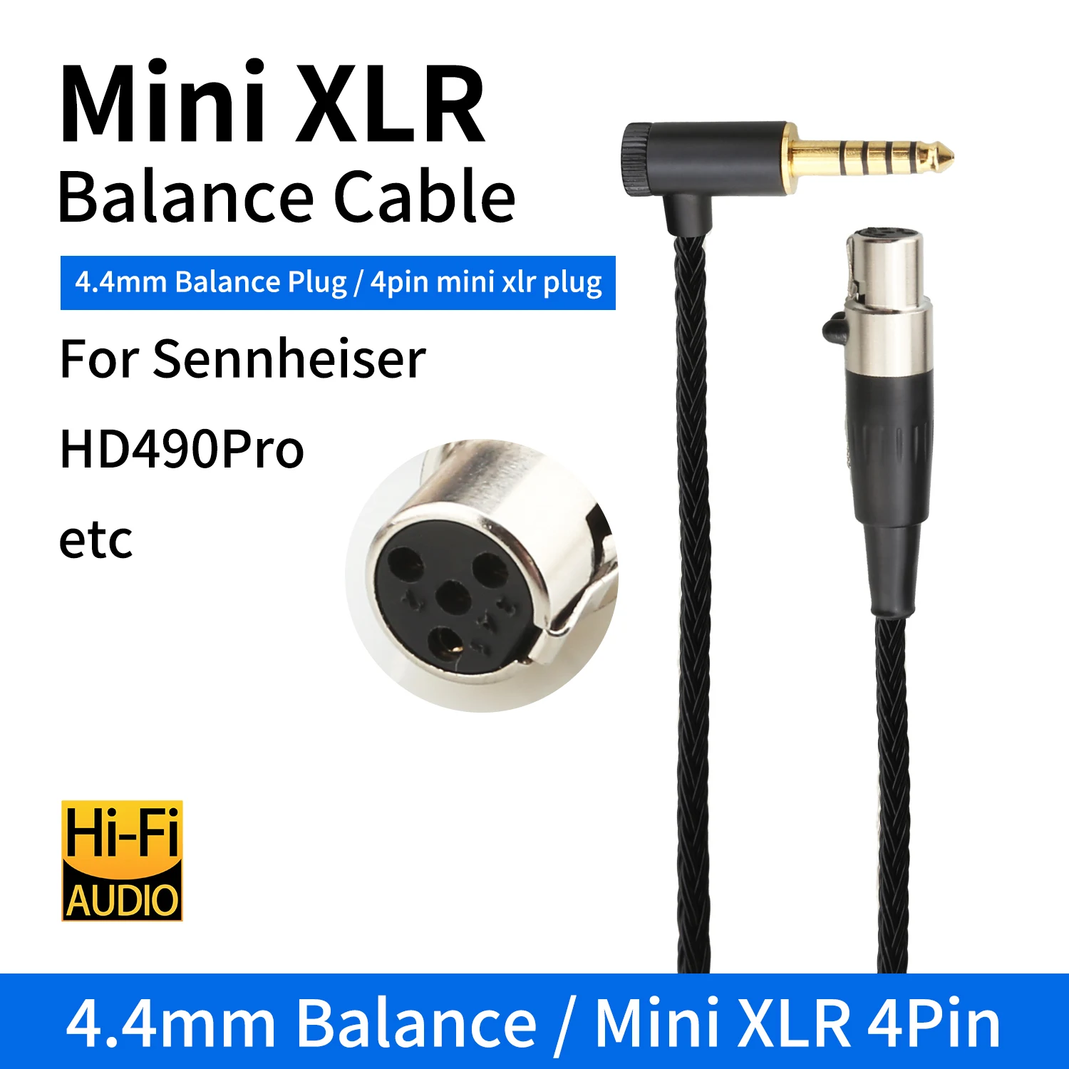 4.4mm to 4Pin Mini XLR Female Headphone Cable 16 Core OCC Silver Plated Replacement Upgrade Cord for Sennheiser HD490 Pro Plus