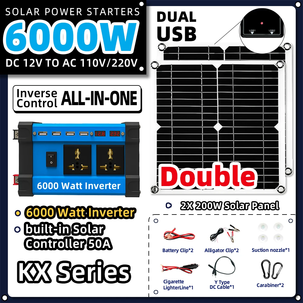 kit Solar Energy Systems 6000w Inverse Control All-in-one 220v/110v Inverter 2*200w 5v Solar Panel 30a Controller Camping RV Car