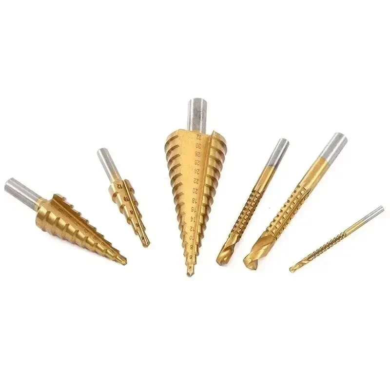 6 Piece Set Titanium Coated Pagoda Drill sawtooth Drill Woodworking Hole Expansion Groove Plastic Box set Wood Drilling