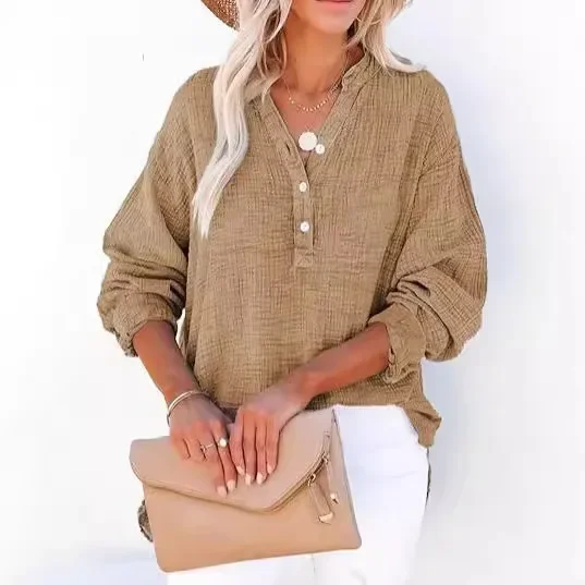 

Summer Women Pleated Button Long-sleeved Solid Color Top Women's Shirt Loose Blouse