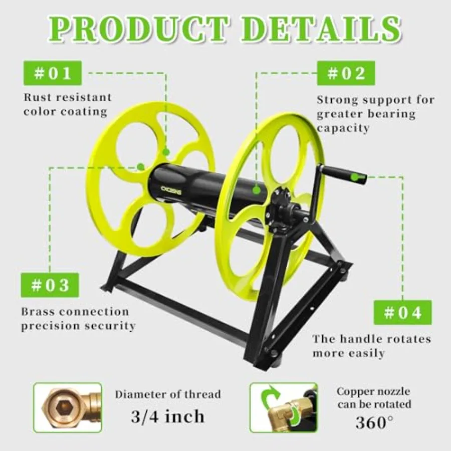 스테인리스 스틸 정원 호스 릴 (5/8 스테인리스 스틸 호스용) 크랭크 핸들 벽걸이형 디자인 (3/4 황동 피팅 포함)