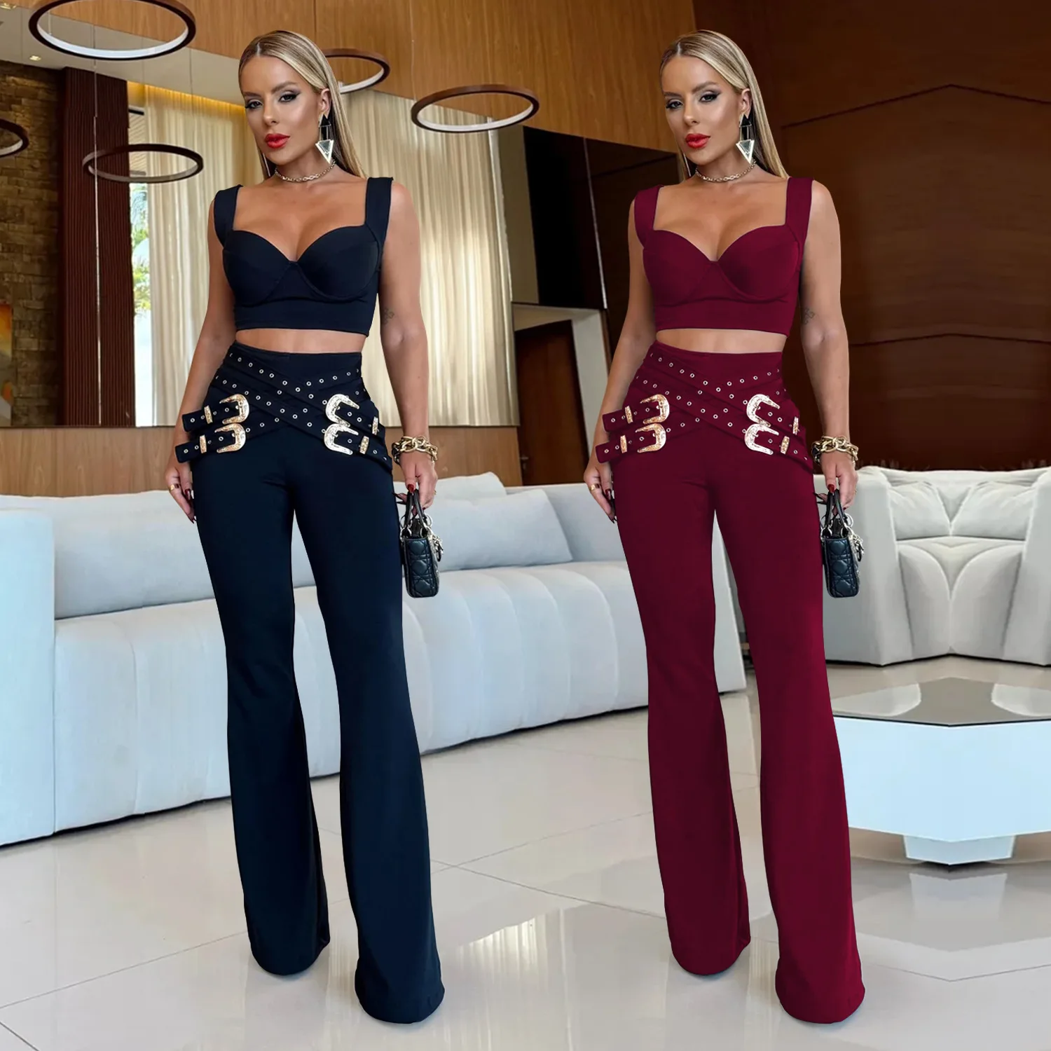 Women's Eyelet Pants Set 2 Piece Outfits Summer Runway Sequins Crop Top And Wide Legs Pants Set Workout Overalls