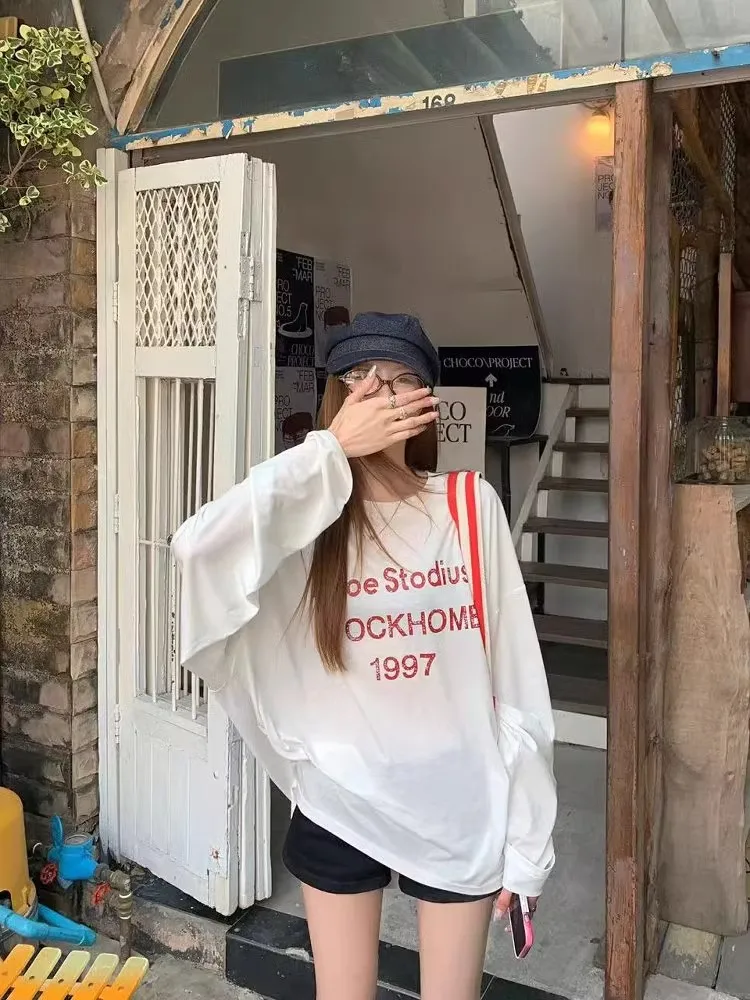 

Повседневная белая футболка Lazy Sle Long Sve, женская летняя свободная футболка с защитой от солнца, модная одежда, креативный полиэстер с текстовым принтом