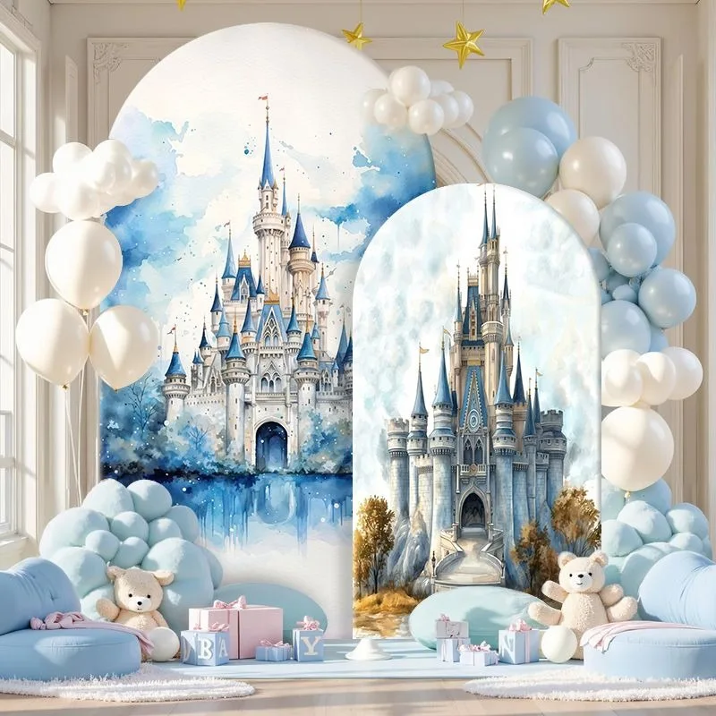 Elastic Double-layer Arch Backdrop Cover Elegant Castle Watercolor Backdrop Set for Parties Decorations Featuring Three Arched