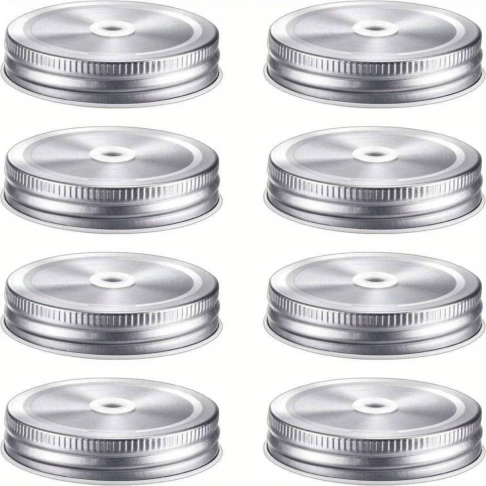 8pcs Stainless Steel Regular Mouth Mason Jar Lids with Straw Hole Leak Proof 2.7 Inch Canning Jar Caps for Food Storage