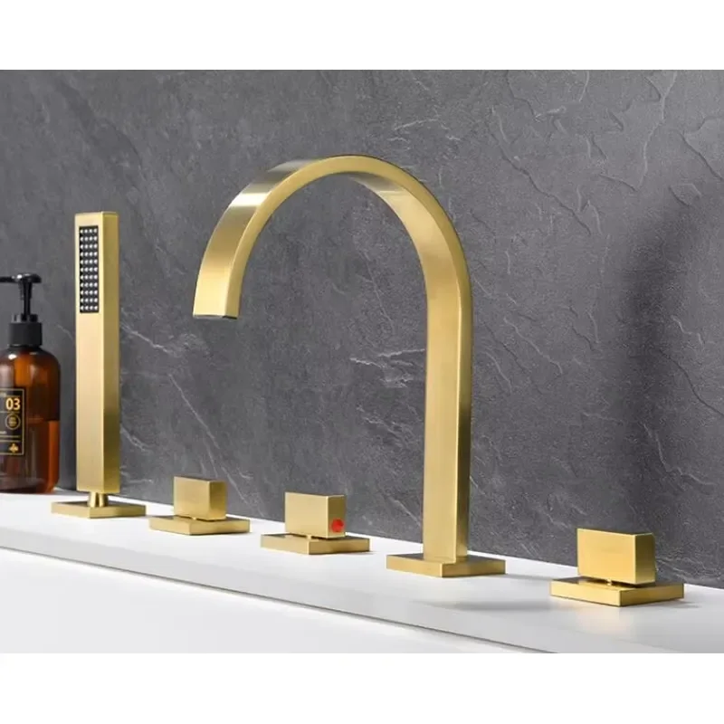 Five Hole Brushed Gold Deck Mounted Brass Bathroom Bathtub Handheld Faucet Shower Mixer Tap Faucet Set