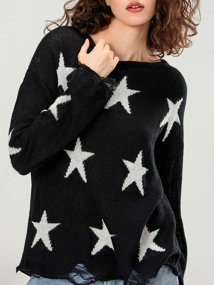 Women Knit Sweater Ripped Stars Pattern Long Sleeve Crew Neck  Pullover Autumn Winter Warm Knitted Pullovers Y2K Trashy Coat 90s