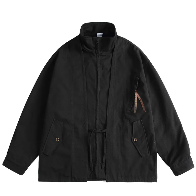 Amekaji Vintage Splicing Jackets Taoist Robe Mens Streetwear Casual Coats Men Oversized Autumn New Fake Two Pieces Loose Jacket