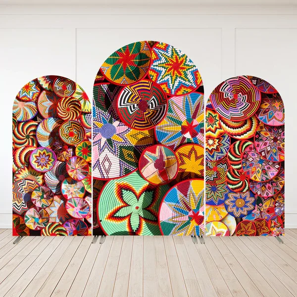 伝統的なエチオピアの花柄、アフリカのカラフルなバスケットアーチ背景カバー、メキシコのパーティーデコレーション、アーチ型の壁背景