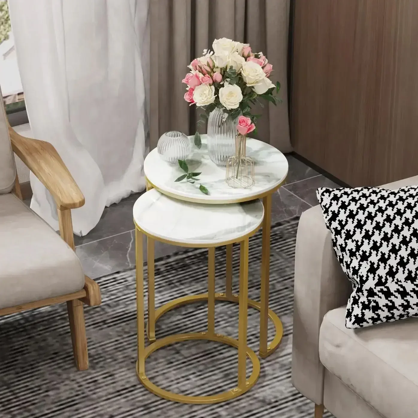 %A Round Side End Table 2PCS Nesting Coffee Table Real Marble Metal Frame Stackable White&Gold
