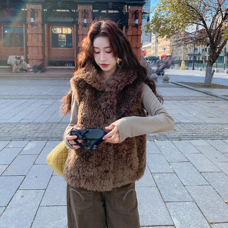 قصيرة مقنعين فو فرو الضأن سترة بلا أكمام الصلبة أفخم معطف أنيق فضفاض المرأة فروي السترات شتاء جديد دافئ رقيق بالأزرار #5