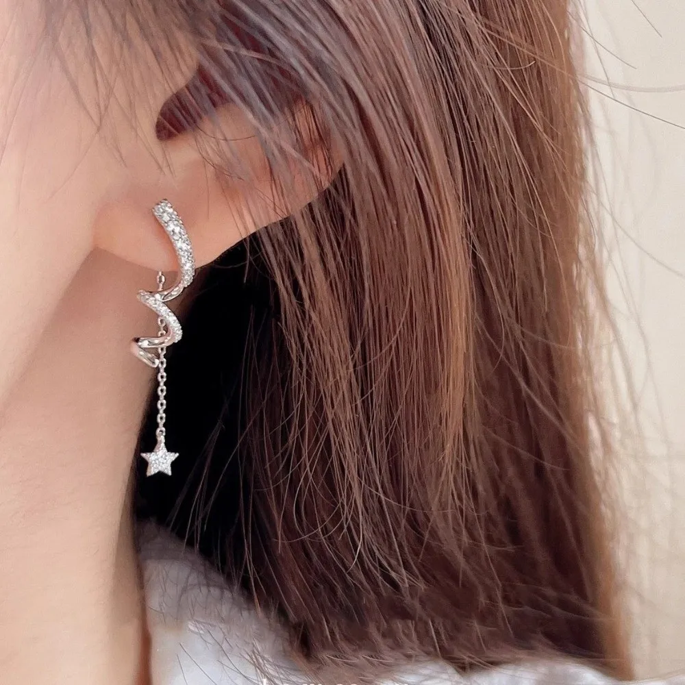 Sweet Star Tassel Earrings Sparkling Silver Plated Synthetic Zirconia Drop Earrings Spinning Spiral Geometric Distorted