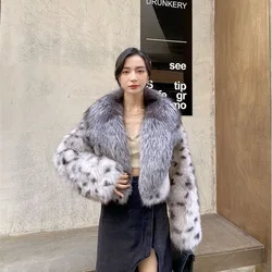 Abrigo grueso de felpa con cuello de piel de zorro sintética para mujer, cárdigan de leopardo con puntos blancos, abrigo corto grueso, cálido, invierno