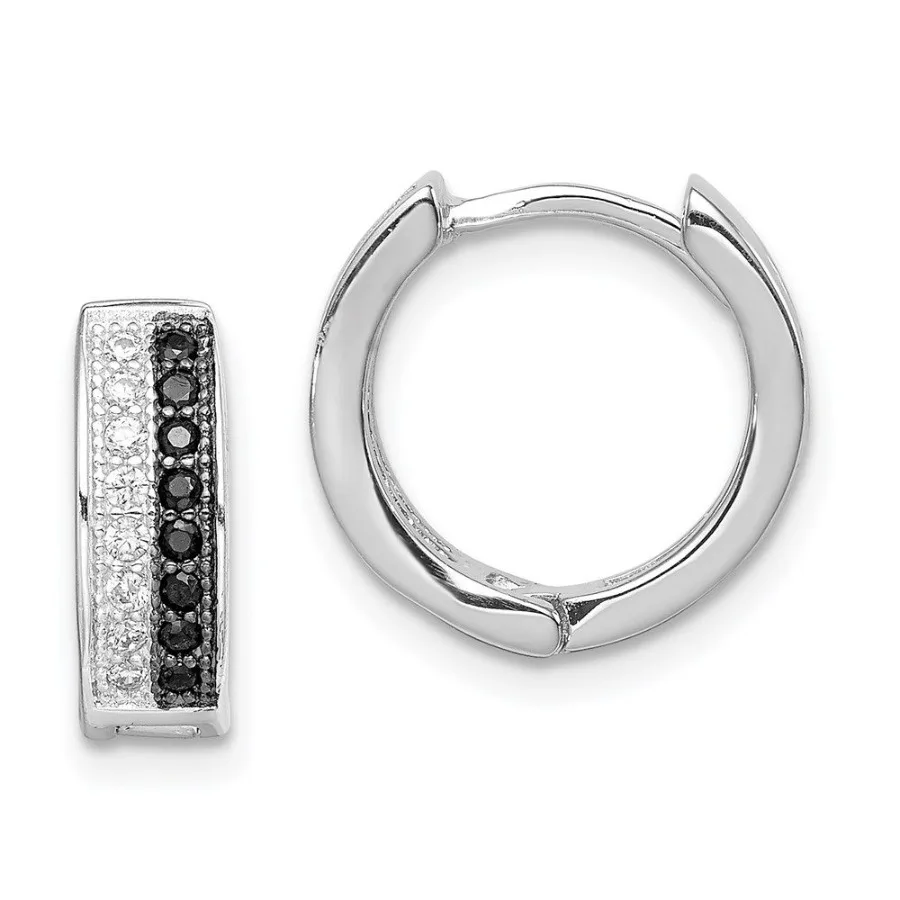 

Sterling Silver RHplated Black White CZ Hinged Round Hoop Earrings