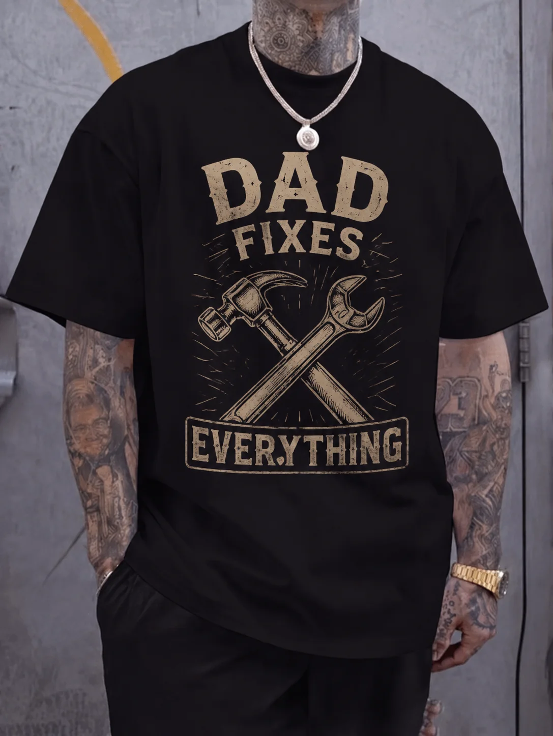 

Men Graphic t Shirt Short Sleeve Classic Fit Dad Fixes Everything Vintage Distressed Print Streetwear Casual Dad Tee Workwear