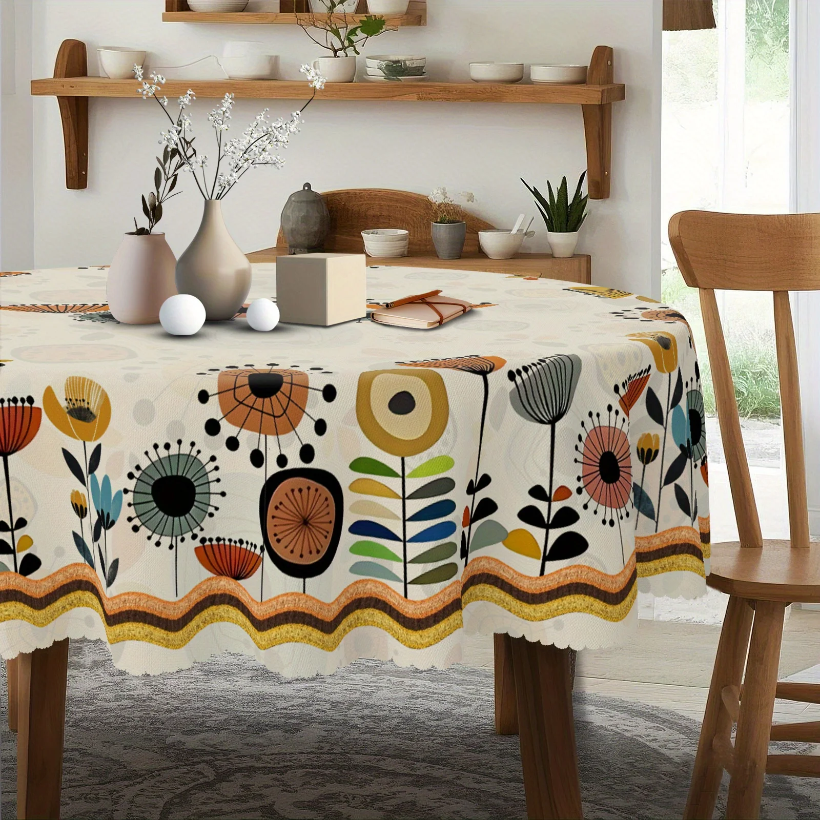 One geometric floral tablecloth, in a modern flat design, with circular/elliptical/rectangular dimensions.