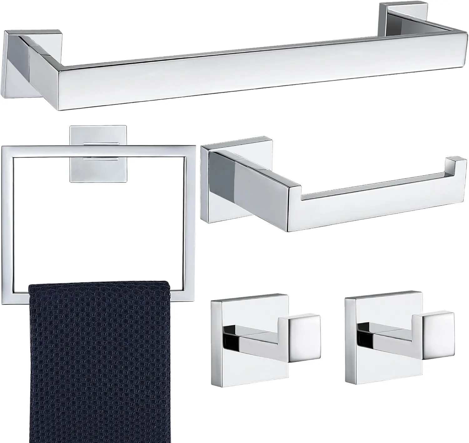 

5-Piece Chrome Bathroom Towel Rack Set, Stainless Steel Wall Mounted, Heavy Duty Square Design