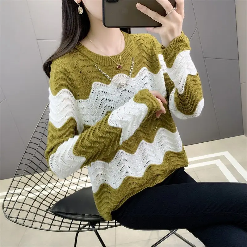 2024 Spring and Autumn New Style Outdoor Striped Sweater Loose Round Neck Knitted Top