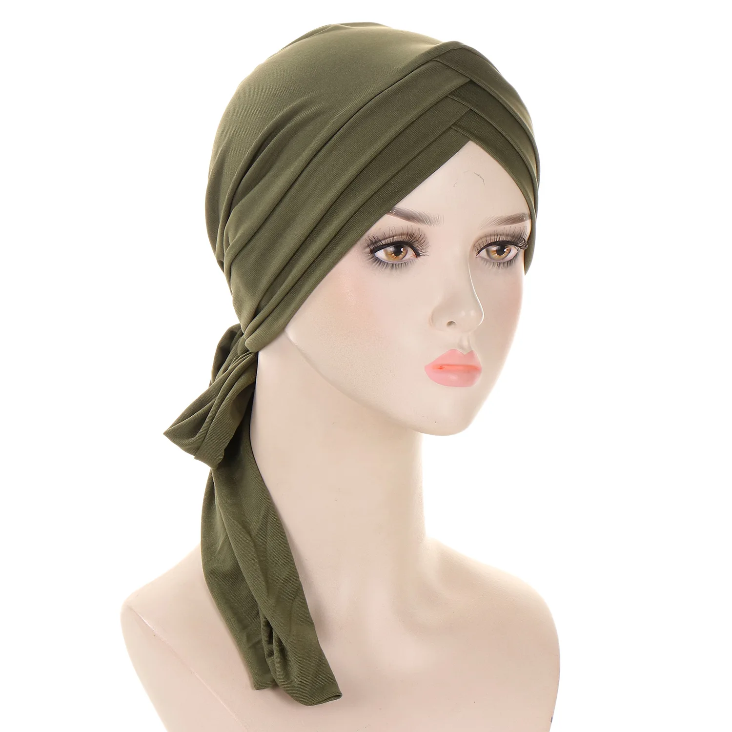 Solid Colored Triple Crossed Forehead Turban Hats Long Tail Tie Straps Hijab Hats Beanies Ramadan Chemo Cap For Women