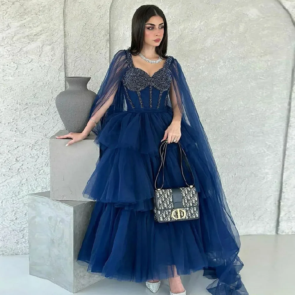 Blue A Line Evening Dresses Beads Tulle Saudi Arabic Prom Dresses Customized Middle East Occasion Party Gowns