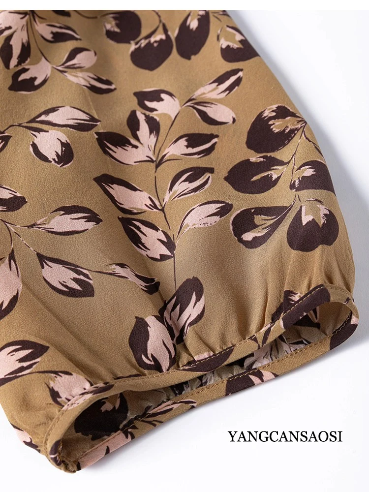 Vacation Style Leaf Print 100% Natural Mulberry Silk Crepe De Chine Round Neck Five Quarter Bubble Sleeves Women's Summer Dress