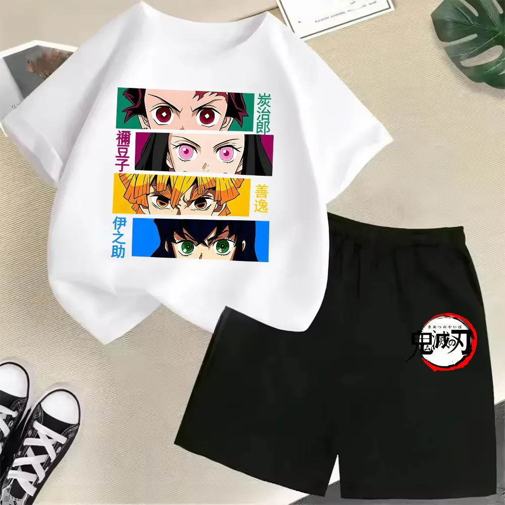 Bandai Summer New Kids T-Shirt Set Demon Slayer Tanjiro Nezuko Shorts Outfits Casual Holiday Home Park Playwear Clothes