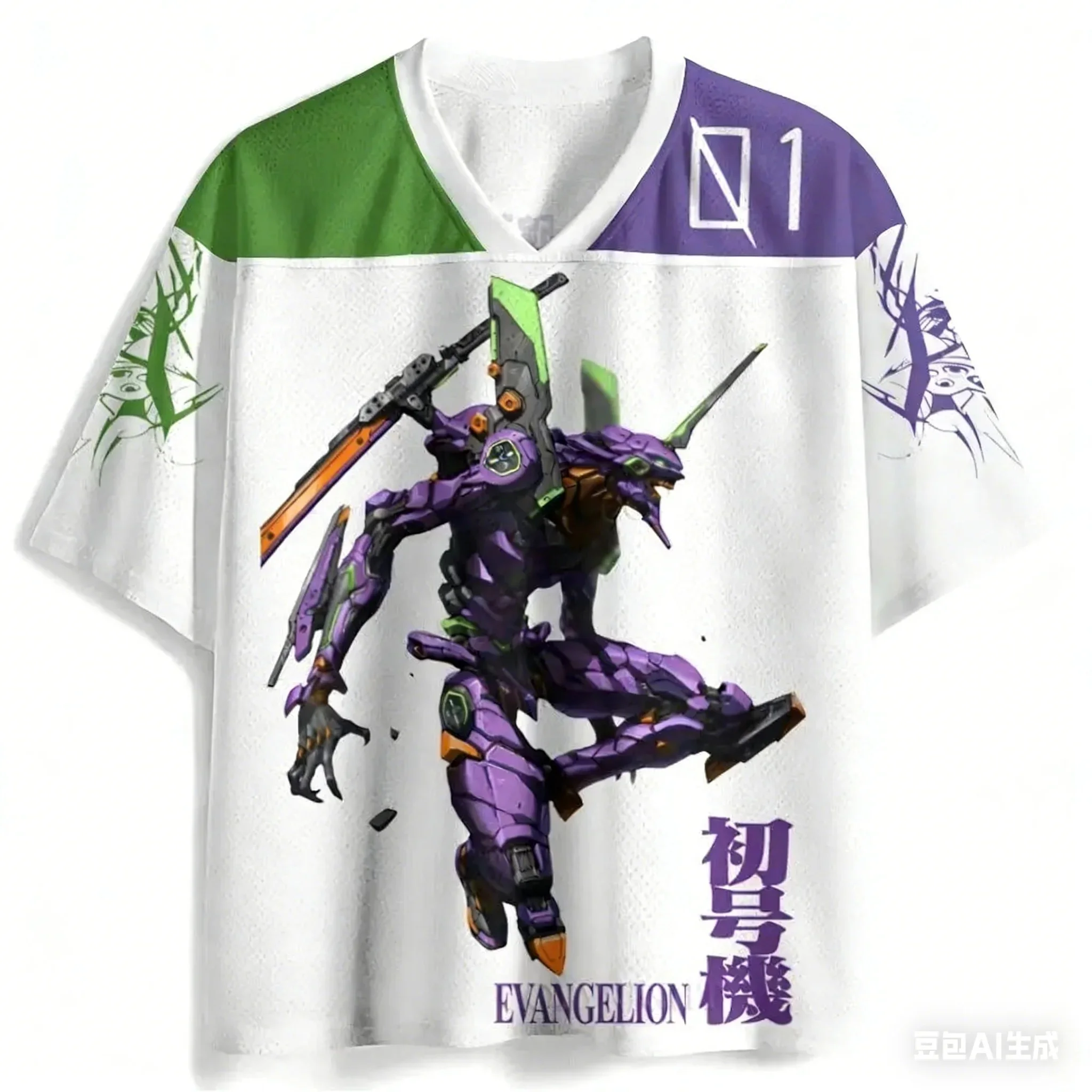 

Neon Genesis Evangelion Unit-01 V-Neck Jersey White Green Purple Anime T-Shirt for Men