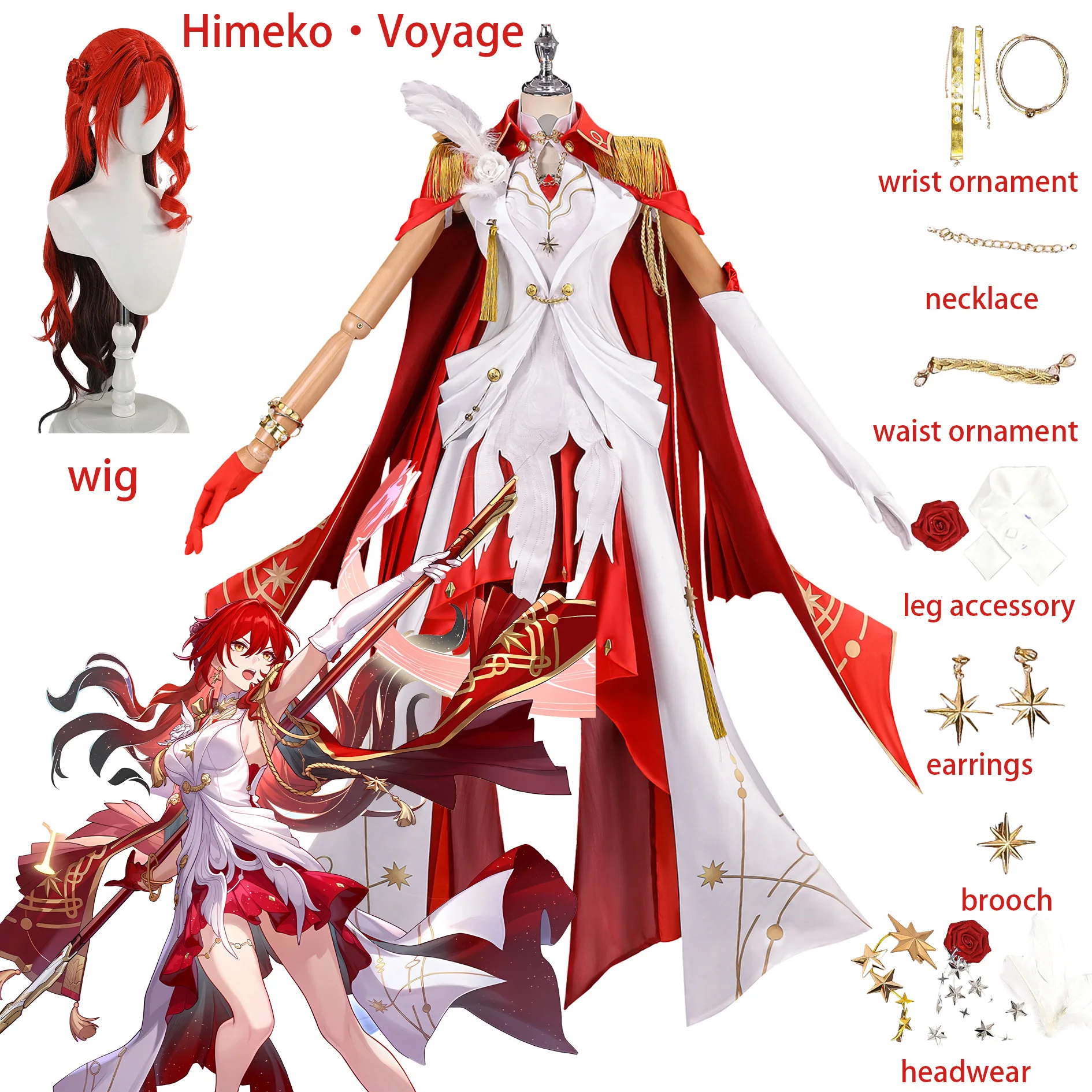 Himeko•Nova Cosplay Honkai Star Rail Kostüm, goldenes Quasten-Epaulet-Cape-Kleid, komplettes Set für Damen, Comic Con, Halloween-Party