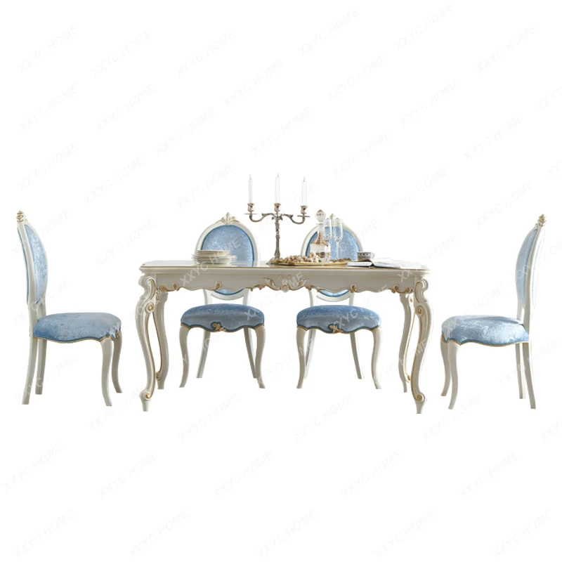 

French Pastoral Style European Romantic Small Apartment 1.6M Solid Wood Birch Carved Flower Length Dining Tables and Chairs Set