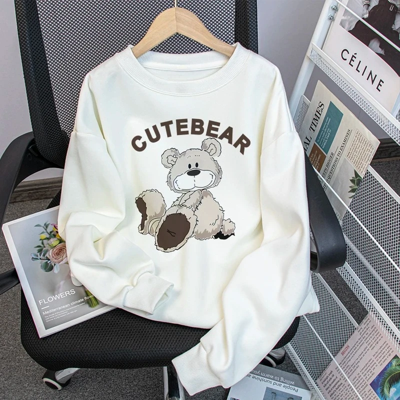 

Cartoon Grizzly Bear 2025 Autumn/Winter New Round-neck Hoodie for Women, Long-sleeved Loose, Simple and Comfortable Top