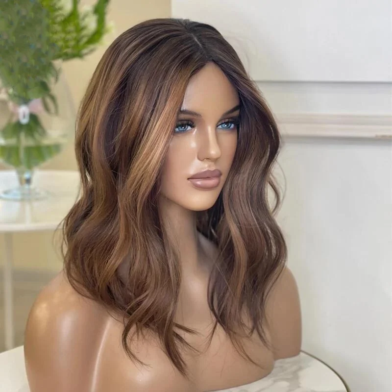 Long 24inch Wave 180Density Highlight Brown Preplucked 5x5 Silk Base Jewish Human Hair Wig With Baby Hair HD Lace European Hair