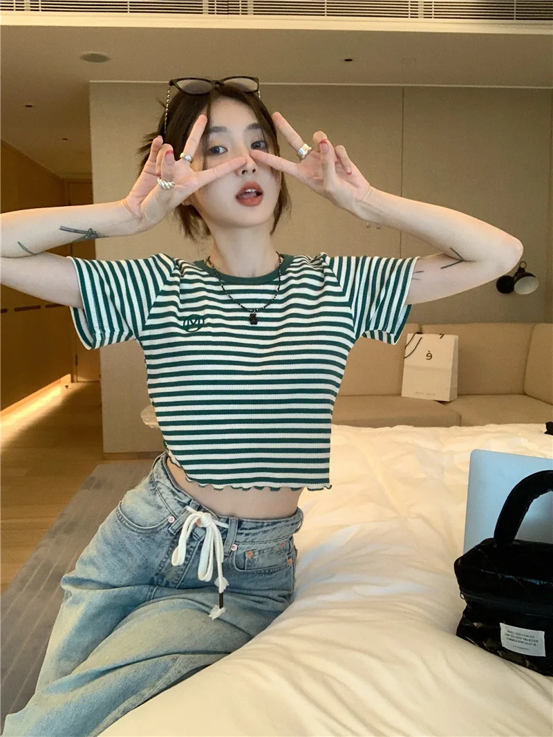 2025 neue Gestreiften Crop Top Frauen Koreanische Crew Neck Sommer Print Kurzarm Tops Dünne Beiläufige Einfache Alle-spiel frauen T Shirts – Detail 7