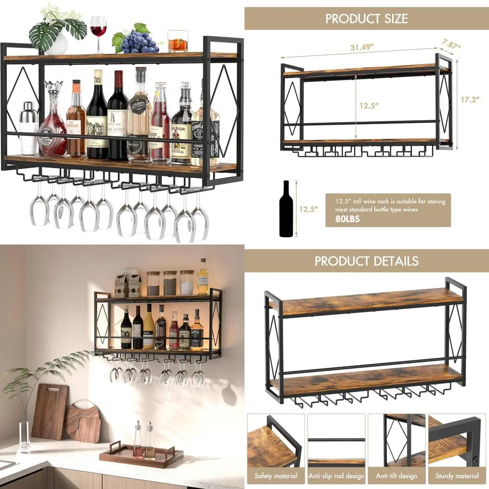 

Two-Level Wall-Mounted Wine Rack with LED Lighting, Metal Bar Shelving with Glass Holders for Industrial Style