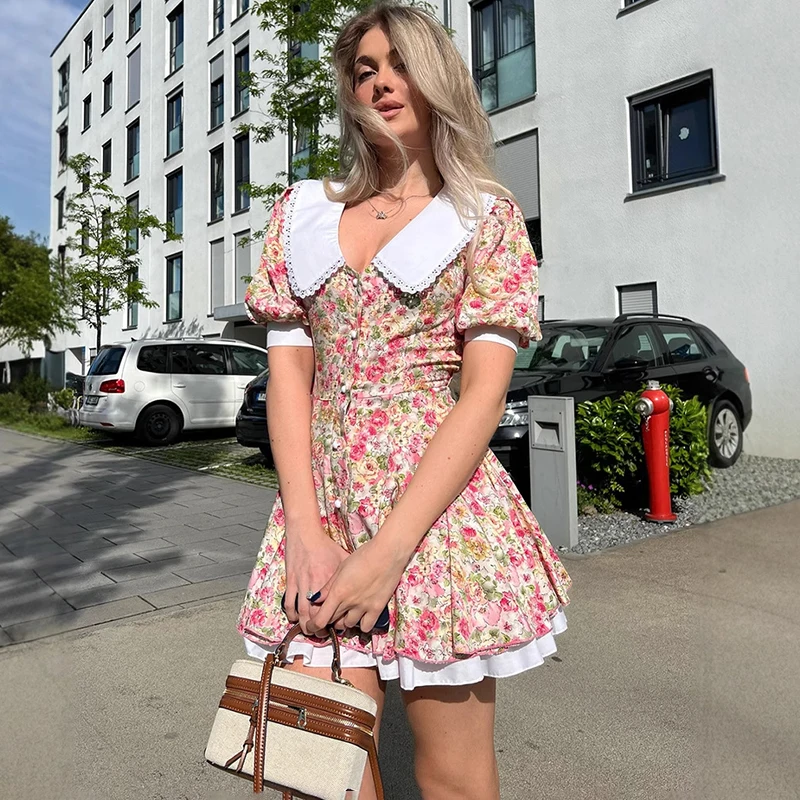 

Talenza Contrast Print Dress Women's V Neck Puff Sleeve Single Breasted Pleated Dress Lady Chic Retro Holiday Party Slim Dress