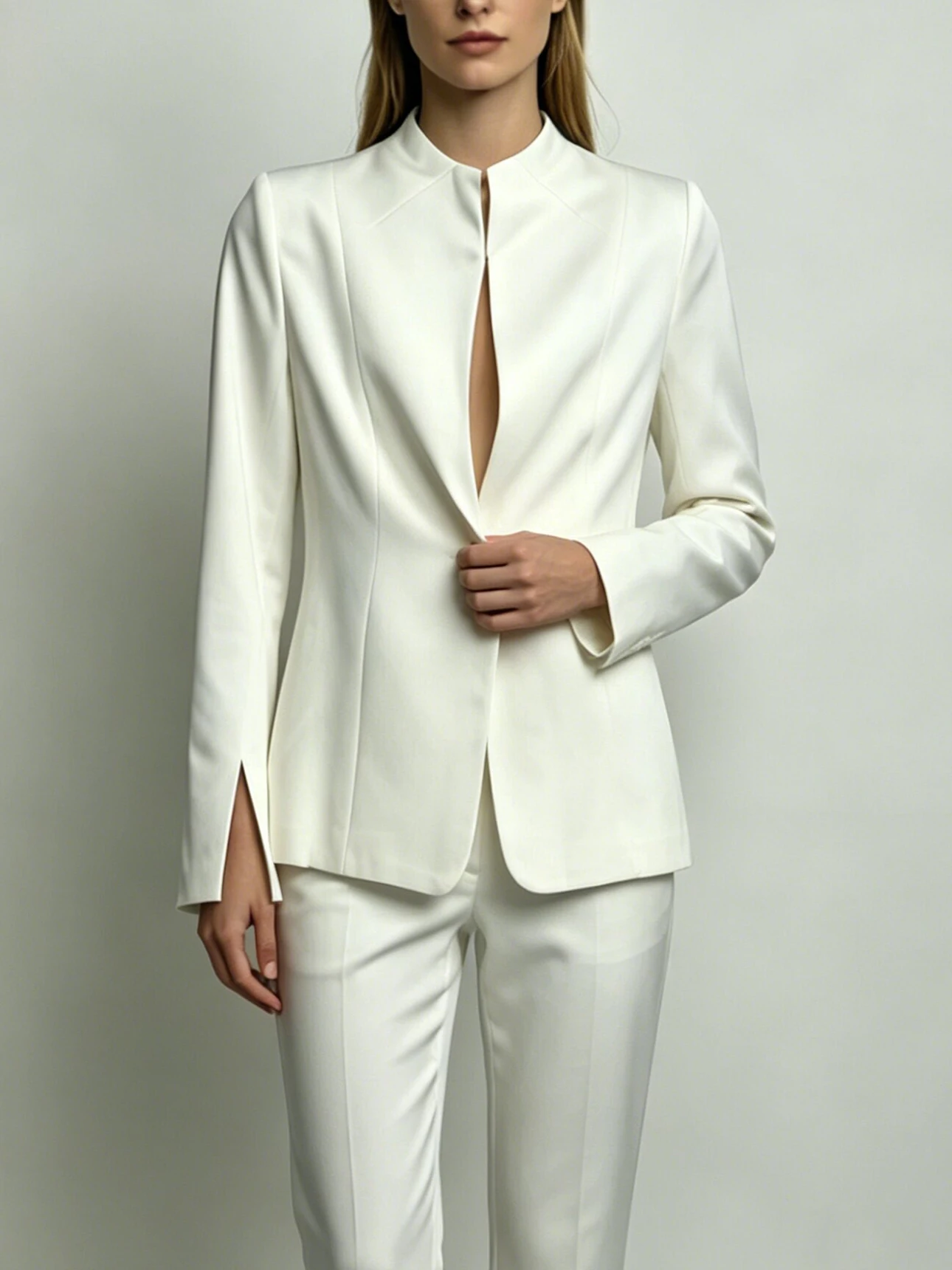 LIMO Women's  Blazer Short Stand Collar Hollow Neck Long Sleeve Slightly Fitted Waist Casual Office Elegant Jacket