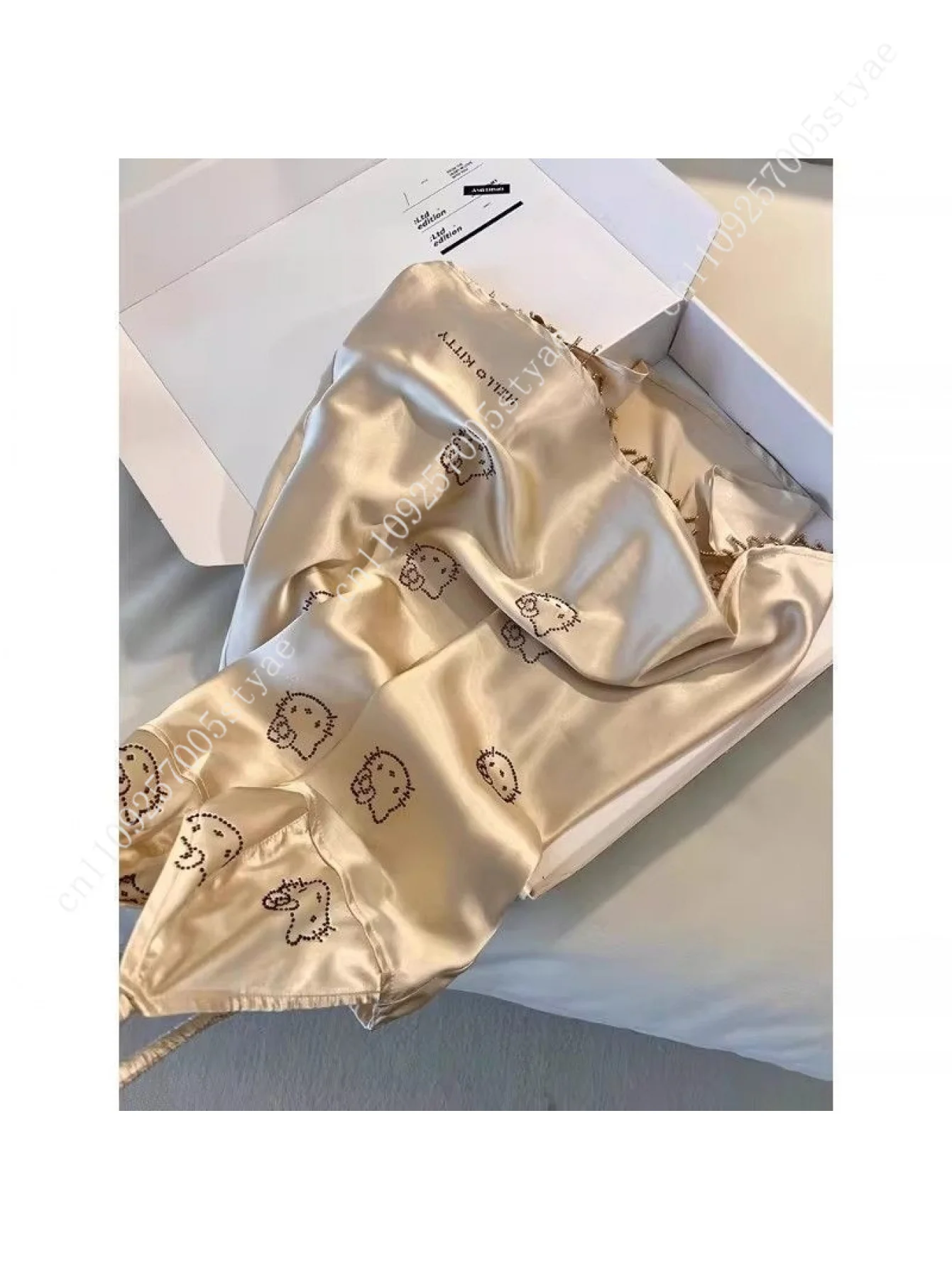 Hello Kitty Champagne Satin Slip Nightgown for Women Cute Print Fringed Hem Sexy Sleep Dress Soft Loungewear for Nightwear view 3