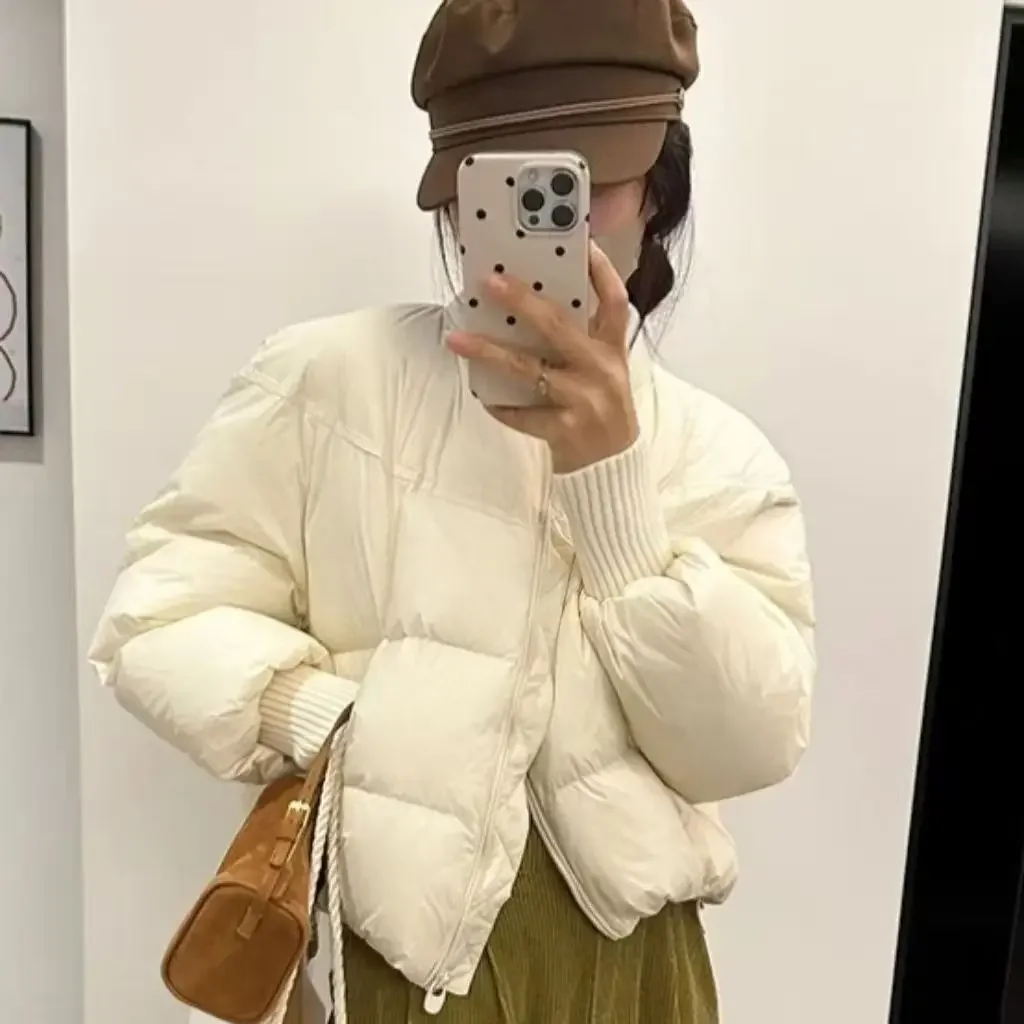 2025 Winter New High-end Knitted Baseball Collar Small Warm Thick White Short Down Cotton Cotton Jacket