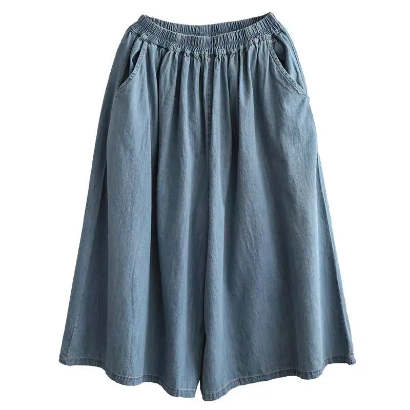 Summer New Sle Women's Jeans Pants l Waist Commuter Wind Korean Version ket Design Seven-Foot Wide Leg Skirt Pants