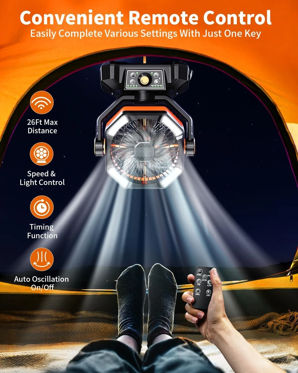 ???????? Camping Fan with ???? ?????, Battery Operated Fan with 4 LED Lantern, 8 Speeds Desk Fan with Remote image 5