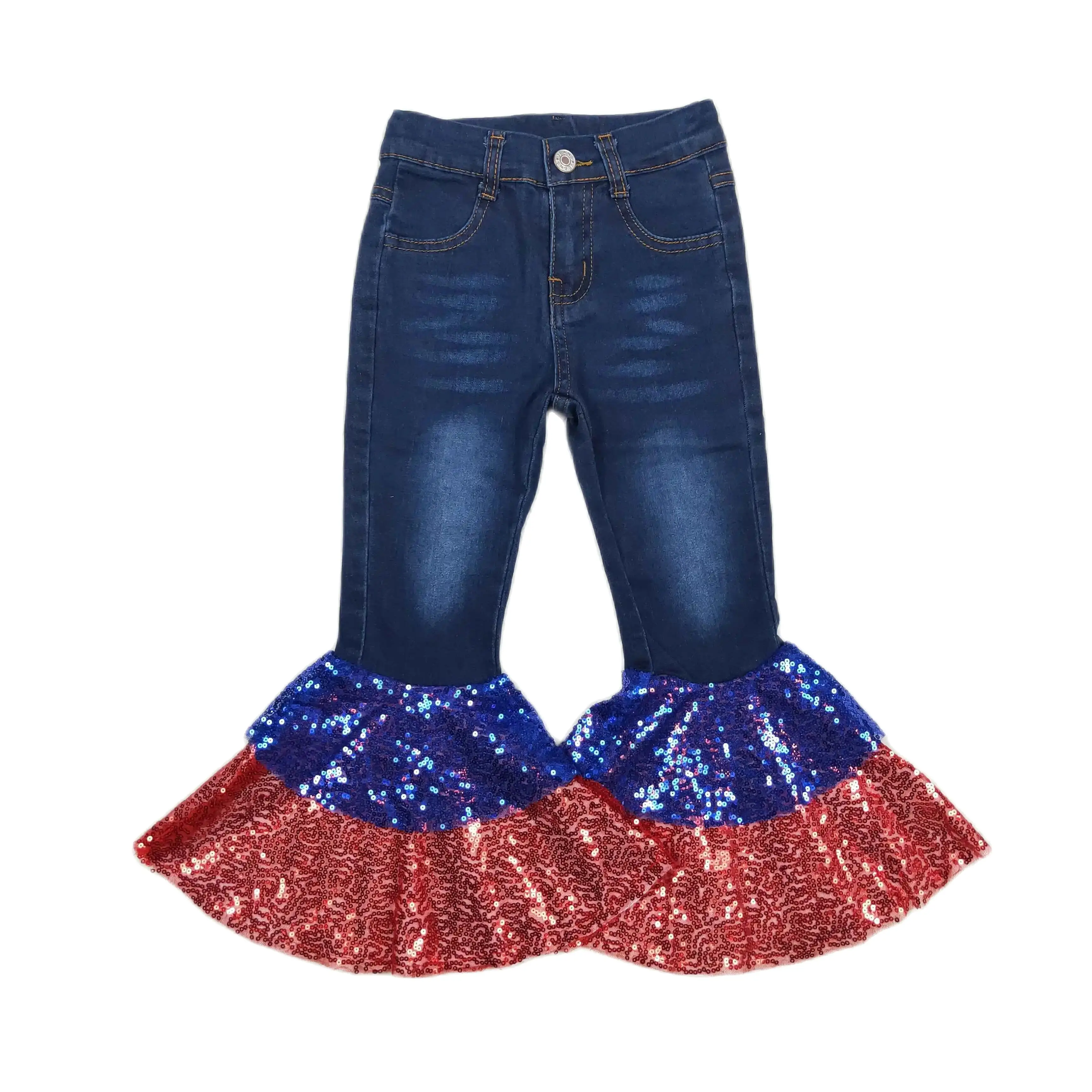 Wholesale Baby Girl Red Blue Sequins Denim Bell Bottom Pocket Pants Infant Trousers Kids Jeans Children Toddler July 4th Clothes