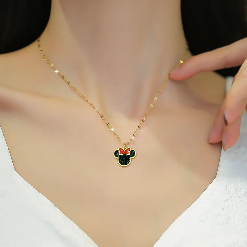 Cute Mouse Necklaces Pendant Titanium Steel Bear Anime Cartoon Necklace Crystals Jewelry For Women Clavicle Chain 2023 Trendy