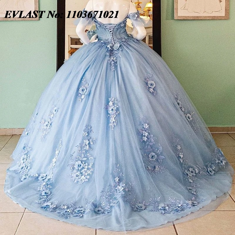 EVLAST ที่กําหนดเองสีฟ้า Quinnceanera ชุดบอลชุด 3D ดอกไม้ Applique ประดับด้วยลูกปัดเม็กซิกันรัดตัวหวาน 16 Vestidos De 15 Anos SQ634