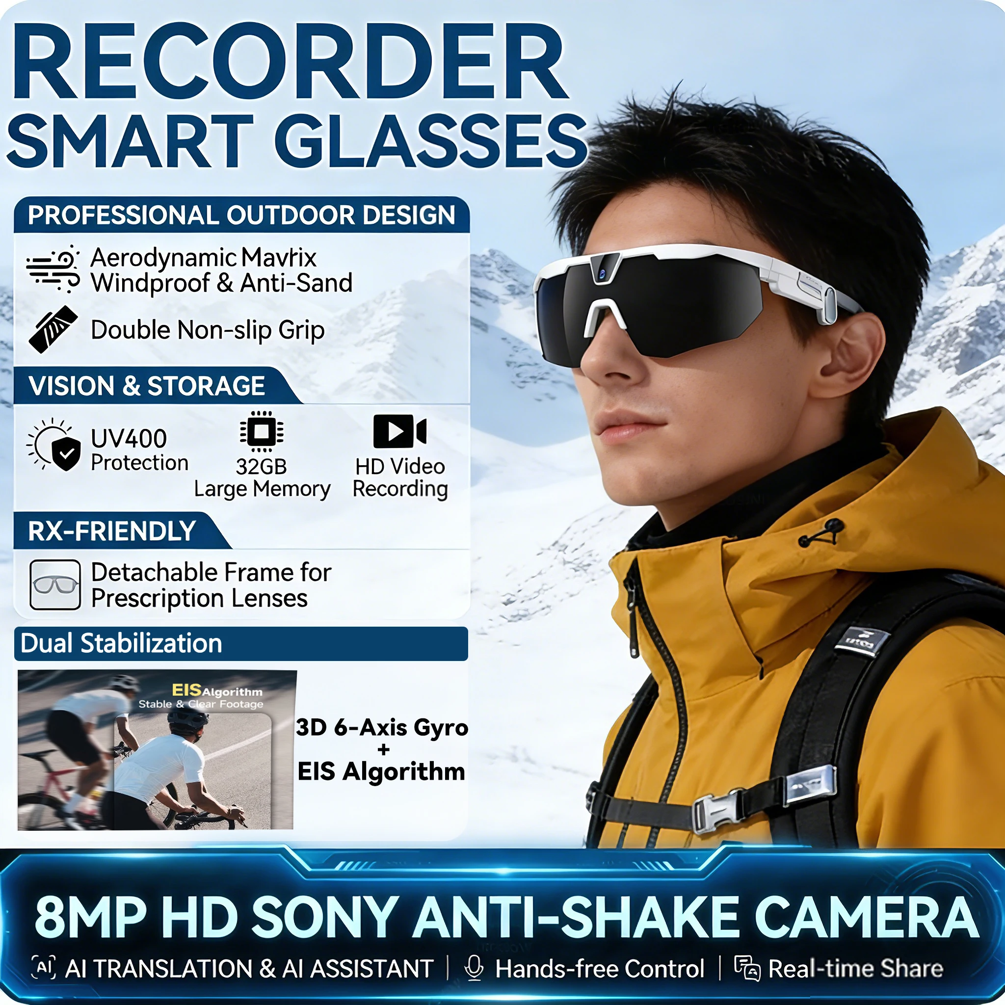 

2026 ai sport Smart Glasses 800W HD Anti-shake Camera Action Capture Goggles Men 3D Surroud Sound AI Chat Call Sport Sunglasses
